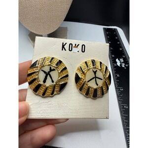 Vintage KOKO Clip On Earrings Gold Tone Black Enamel‎ Oversized Statement 80s